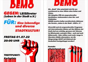 Demo - gegen LEISEtreter (leben in der Stadt e.V.) Freitag 01.07.2022 20:00 Treffpunkt Karlsplatz